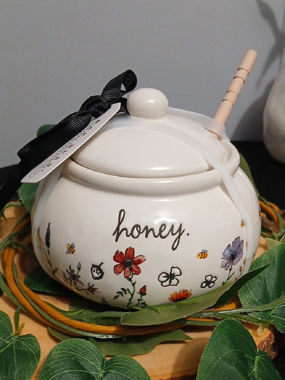 Rae Dunn Cream Ceramic Honey Jar with Floral and Bee Accent NWT